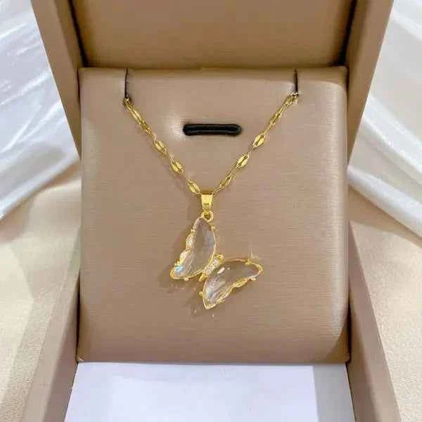 Exquisite Micro Inlaid Zircon Butterfly Tassel Necklace For Women Stainless Steel Moon Butterfly Flower Clavicle Choker Jewelry
