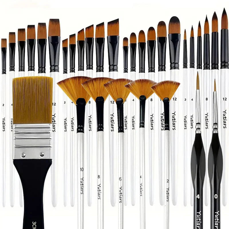 32-Piece Deluxe Multi-Purpose Art Paintbrush Set, Professional Fine Artist Wood Handle Brushes for Acrylic, Oil, Watercolor Pain