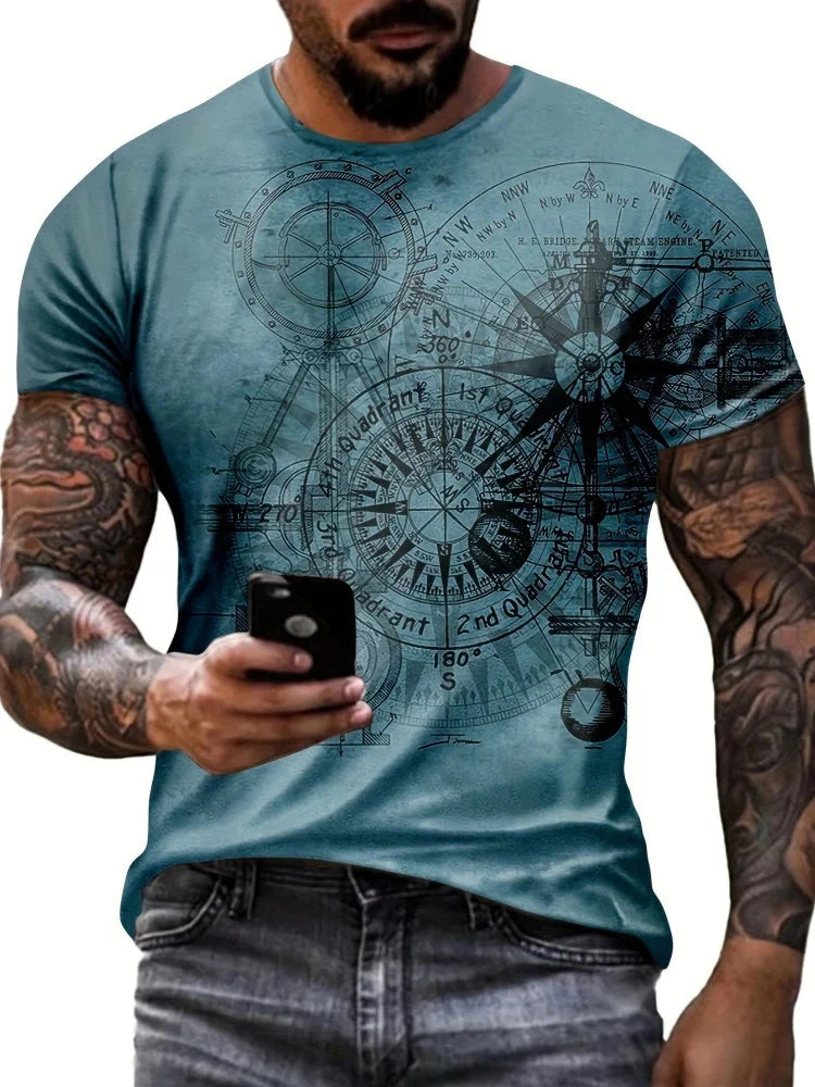 New T-Shirts for Men Unique Geometric Print Design Summer Vintage Graphic T-Shirts Casual Crew Neck Short Sleeve Men's Clothing