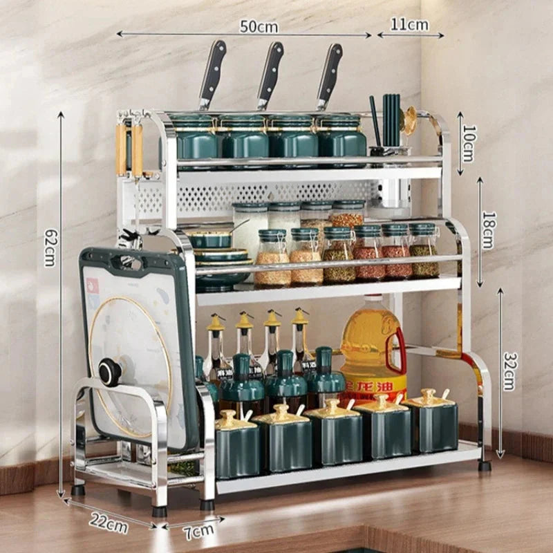 Stainless Steel Kitchen Storage Shelf Seasoning Jar Spice Storage Rack Chopsticks Knife Shelf Bar Organizer Kitchen Supplies