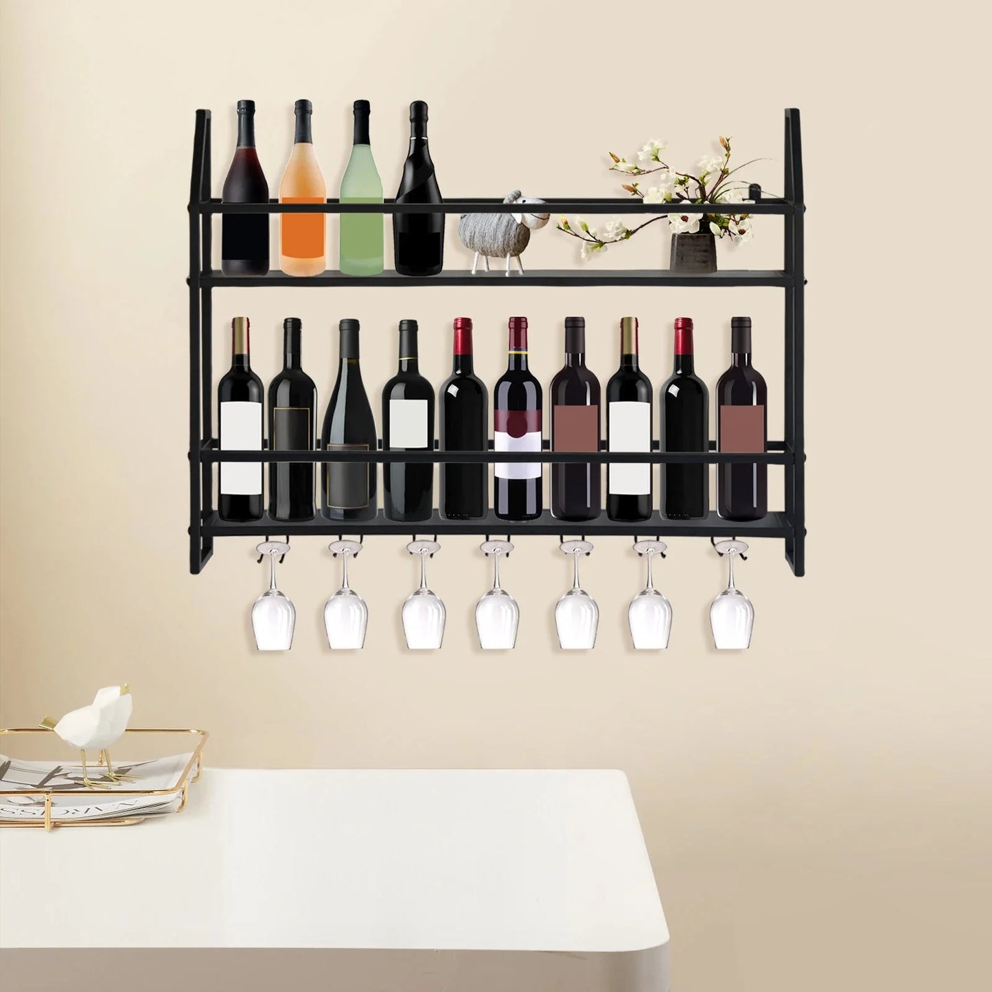 Wall Mounted Iron Wine Rack Bottle Champagne Glass Holder Shelves Bar Home Party Light and Strong Durable Unique Design Decor