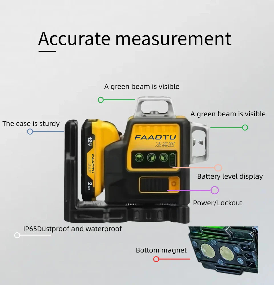 FAAOTU DW089LG 12 Lines 3 Sides 360 Degree Vertical 12V Lithium Battery Laser Level Horizontal Green Meter Outdoor