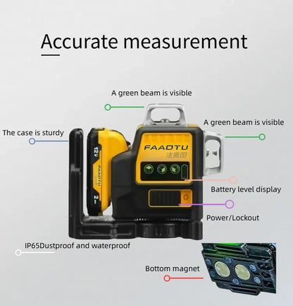 FAAOTU DW089LG 12 Lines 3 Sides 360 Degree Vertical 12V Lithium Battery Laser Level Horizontal Green Meter Outdoor
