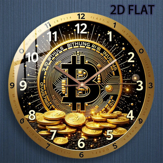 Bitcoin Cryptocurrency Wall Clock - Silent Quartz Movement with Golden ₿ Symbol, Circuit Board & Golden Coin Design - Modern Ho