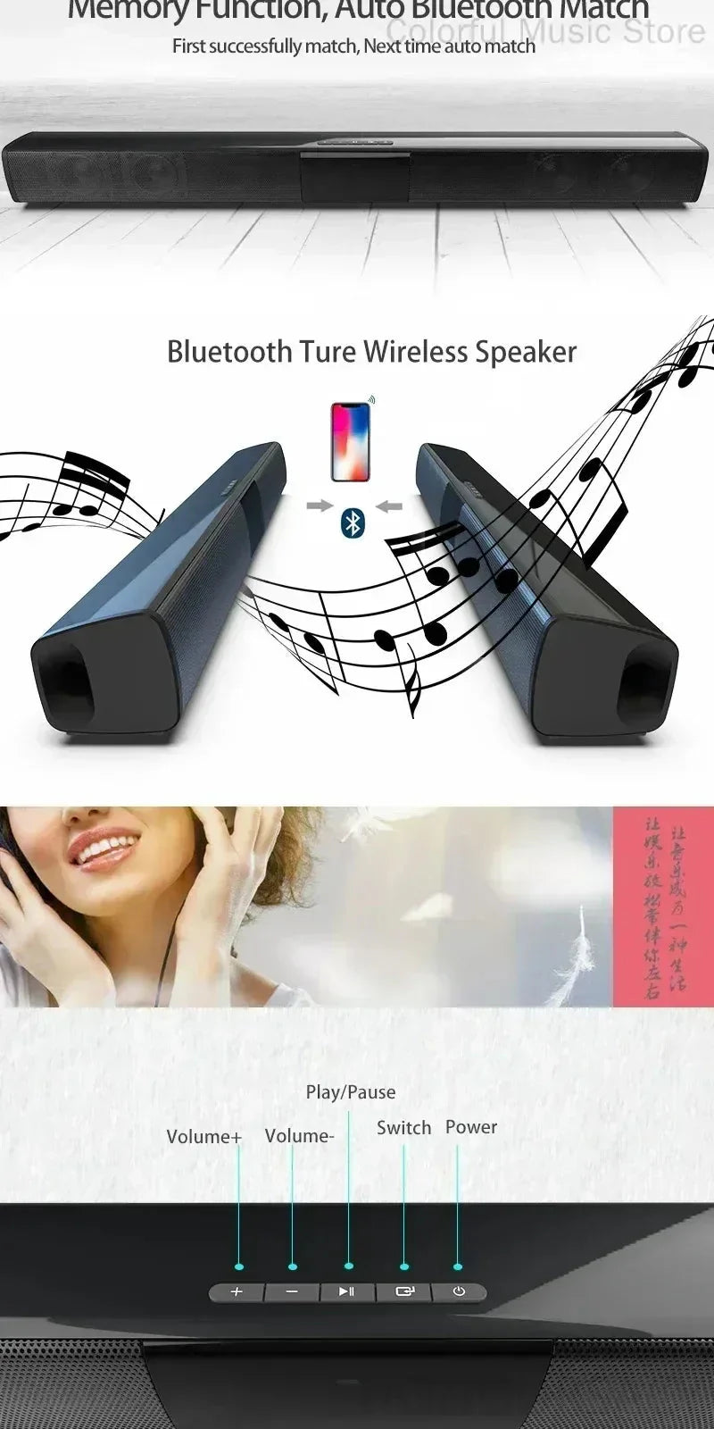 BS-28B High Quality Bluetooth Speaker High Power Wallmounted Wireless 40w Sound Bar Stereo Home Theater TV Strong Bass Sound Bar