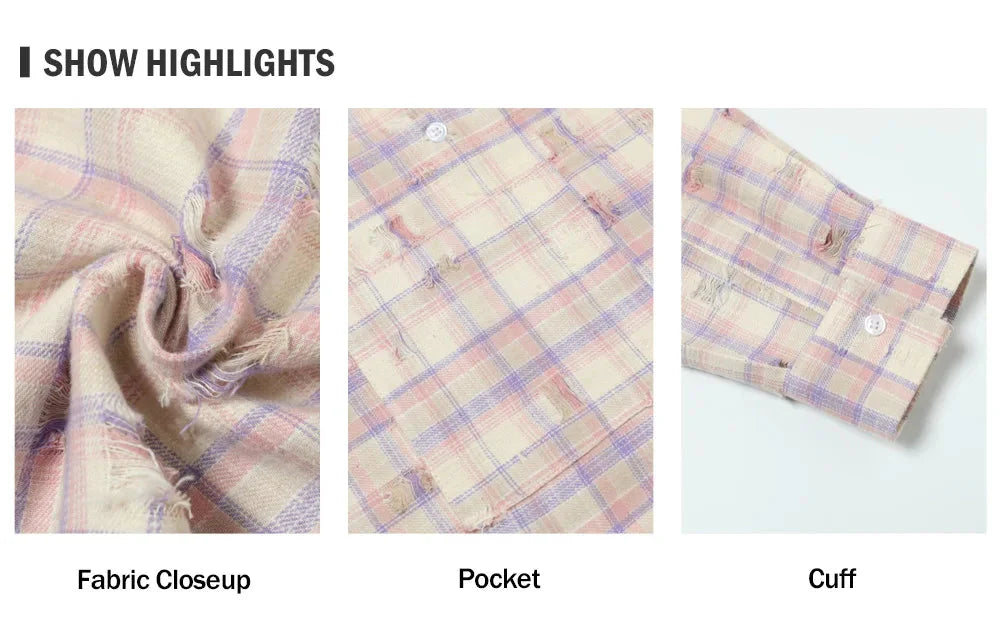 Ripped Plaid Long Sleeve Shirts Mens Pocket Autumn High Street Loose Lapel Single Breasted Checked Shirt Men