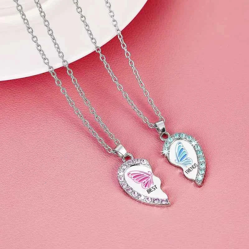 BFF Necklace for 2, Best Friend Cute Zircon Crystal Butterfly Valentines Day Gifts Matching Heart Pendant Friendship Necklaces