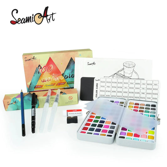 Seamiart 100 Color Solid Watercolor Gift Set Watercolor Pigments With Paint Brush Coloring Papers for Drawing Art Paint Supplies