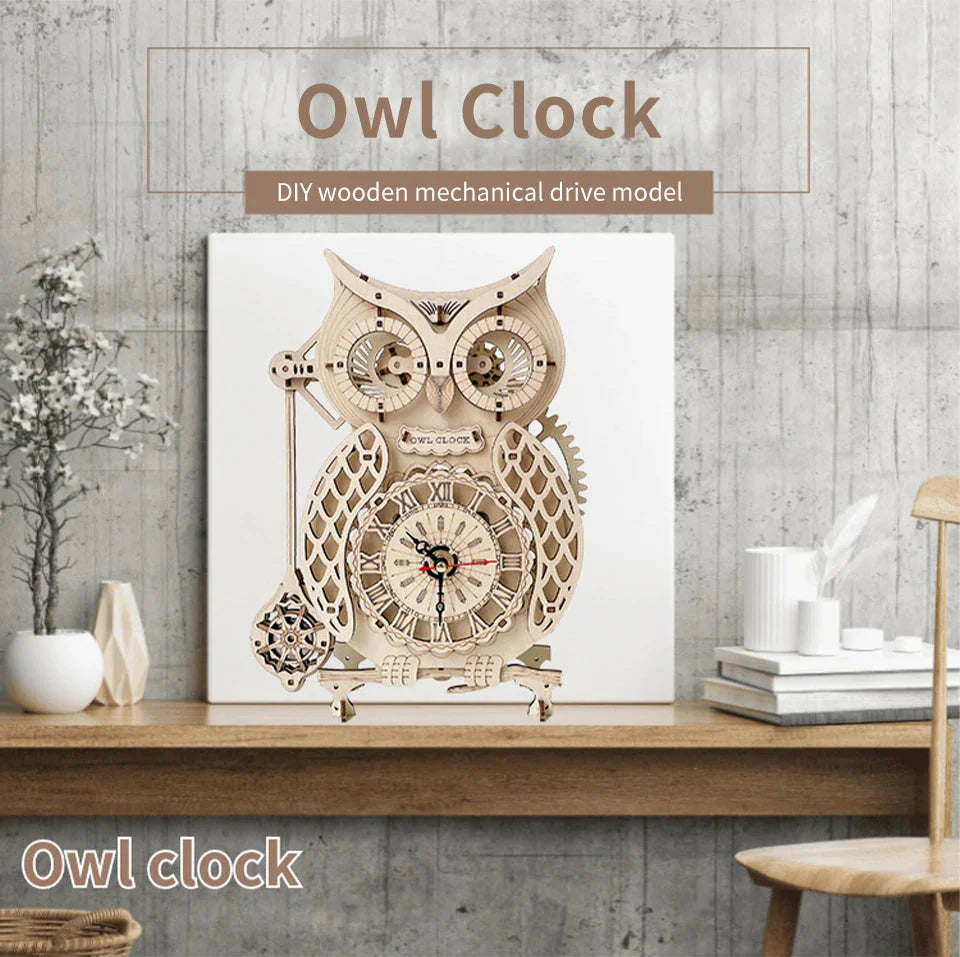 Wooden Puzzle 3D Owl Clock Model Building Kits Creative DIY Wall Clock Mechanical Retro Pendulum Clock Assembly Toy for Adults