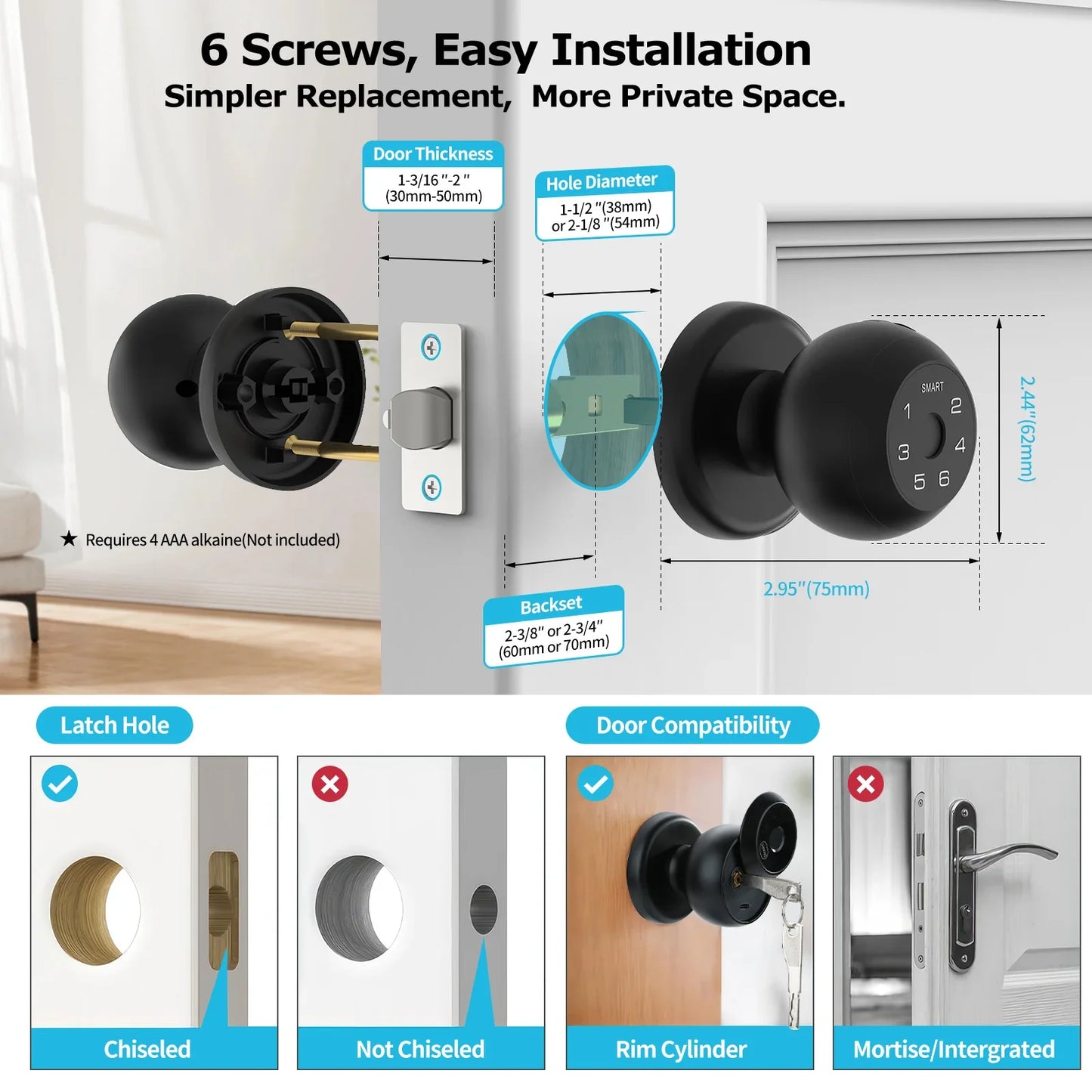 Viladepot Ball-Shaped Smart Lock Fingerprint, App-Controlled, Passcode, and Electronic Touchscreen Keypad Door Lock Smart Handle