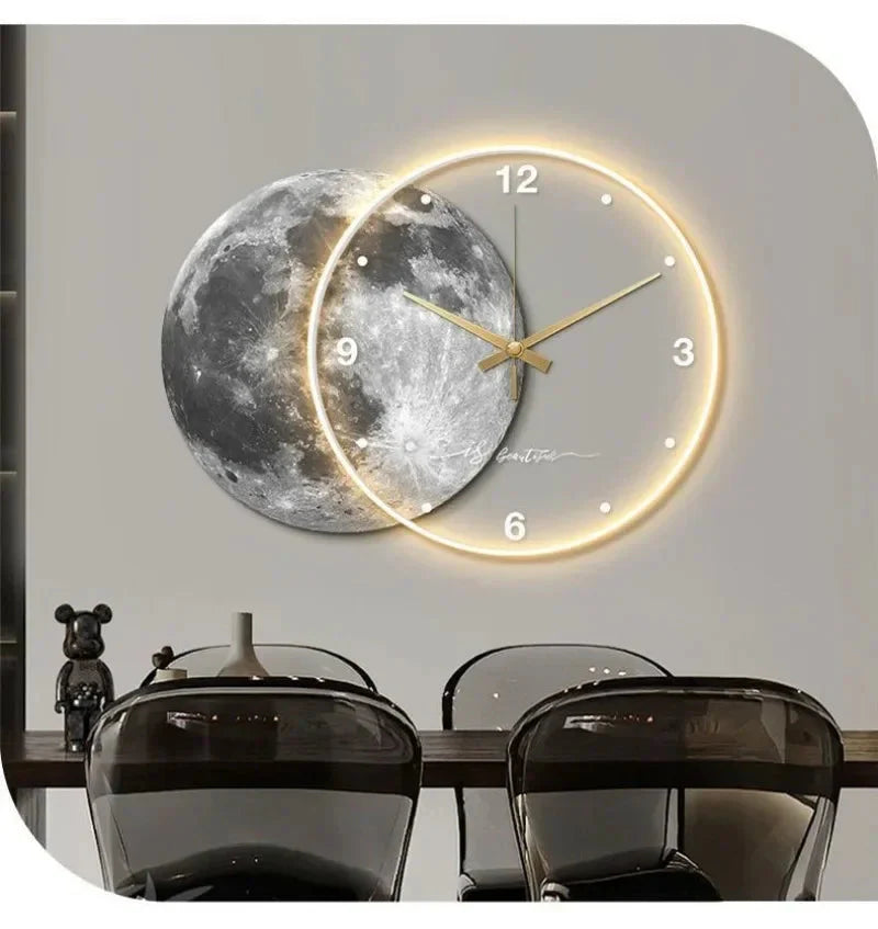 Large Wall Clock Luxury Dining Room Living Room Moon The Earth Modelling LED Light Silent Movement Bedroom Clock Wall Decoration