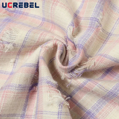 Ripped Plaid Long Sleeve Shirts Mens Pocket Autumn High Street Loose Lapel Single Breasted Checked Shirt Men