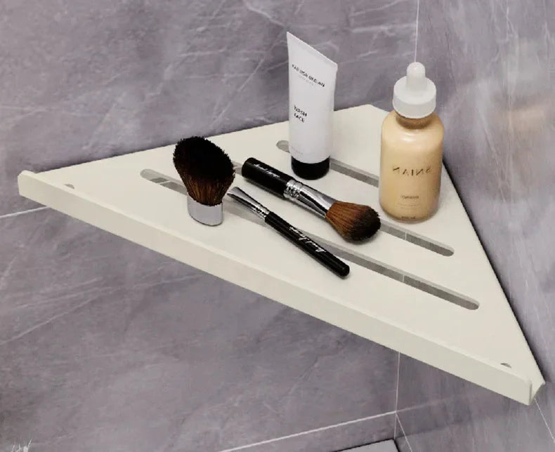 Bathroom Triangle Drain Shelf No Drilling Wall Mounted Cosmetic and Toiletries Hollow Carbon Steel Shelf with Hooks