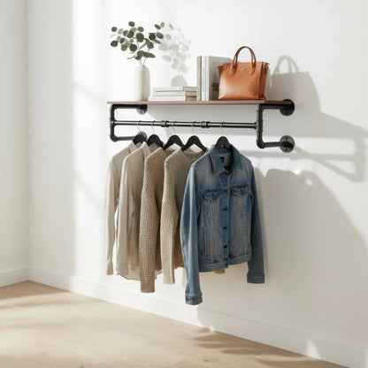 Industrial Pipe Clothes Rack with Top Shelf, 39 In Space-Saving 2 Tiers Heavy Duty Pipe Wall Mounted Clothing Shelves