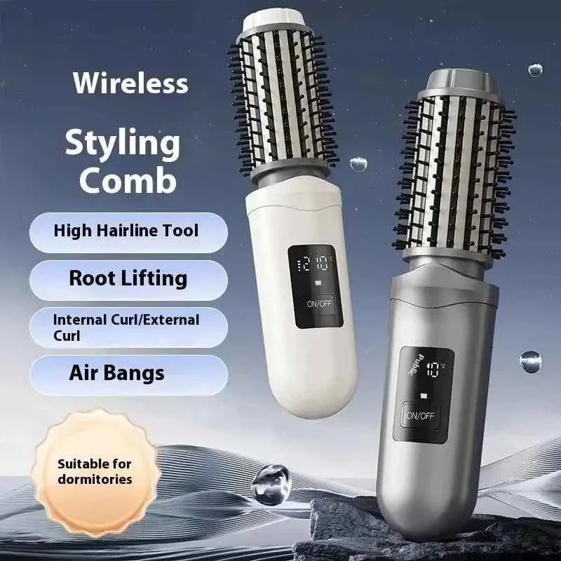 NewCordless Hair Curling Iron Brush USB Rechargeable Travel Heated Round Brush 2-in-1 Electric Hair Curling Wand Styling Tools