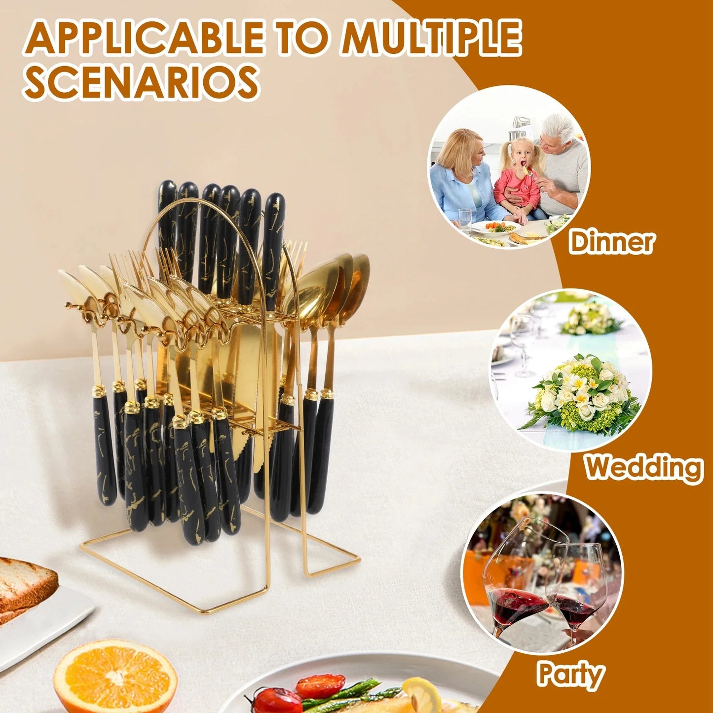 24-Piece Stainless Steel Silverware Set with Vertical Hanging Storage Rack - Mirror Polished Flatware