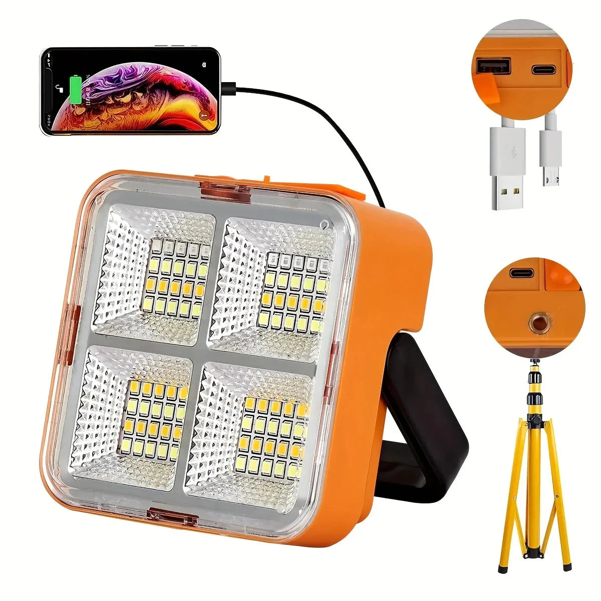 Solar rechargeable multifunctional led work light, portable outdoor floodlight-1200mah lithium battery, suitable for camping.