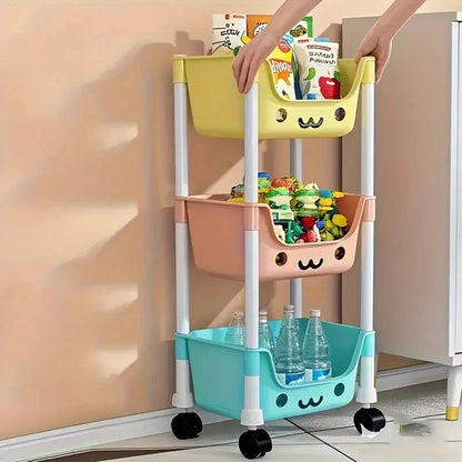 Multi-Tier Rolling Storage Cart, Slim Rolling Cart with Storage Bins and Hooks - Space-Saving Organizer, 360° Rotating Storage C