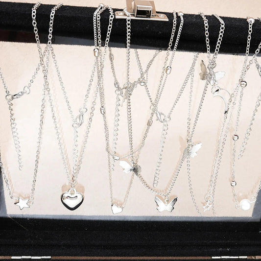 51 Pcs/Set Silver Color Chic Jewelry Set For Women Fashion Butterfly Heart Pearl Necklaces, Earrings, Rings, Match Daily Outfits