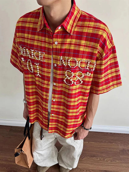 Trendy Pearls Stitching Shirts For Men 2025 Summer New Casual Plaid Shirt Mens Vintage Button-up Turn-down Collar Cardigan Tops