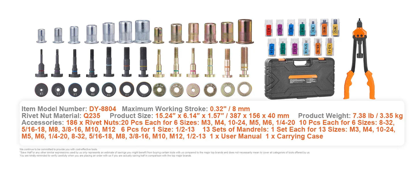 SucceBuy 14" 16" Rivet Nut Tool Rivnut Tool Kit with Metric and SAE Mandrels 70PCS/186PCS Rivet Nuts With Rugged Carrying Case