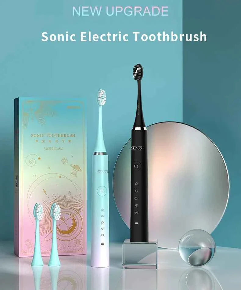 Seago S2 Sonic Electric Toothbrush  5 Modes Whitening Tooth brush 2 Minute Smart Timer IPX7 With 3pcs Replacement Brush Heads