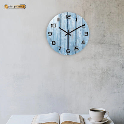 Rustic Blue Wooden Plank Wall Clock with Snowflakes, Winter Theme Home Office Decor, Silent Quartz Movement Decorative Design