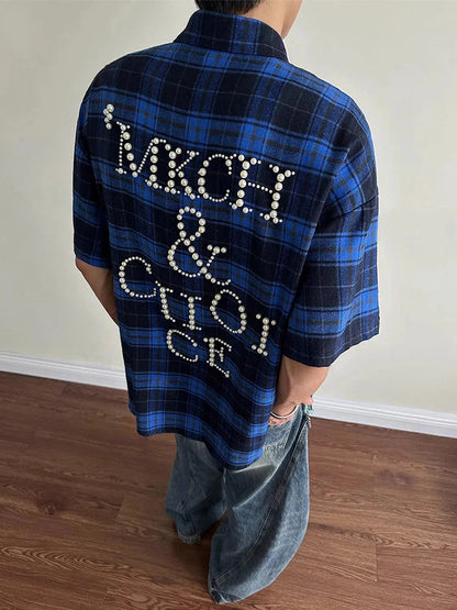 Trendy Pearls Stitching Shirts For Men 2025 Summer New Casual Plaid Shirt Mens Vintage Button-up Turn-down Collar Cardigan Tops