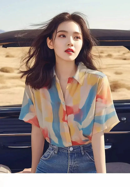 French Chic Top Print Versatile Elegant Casual Chiffon Short-sleeved Shirt for Women