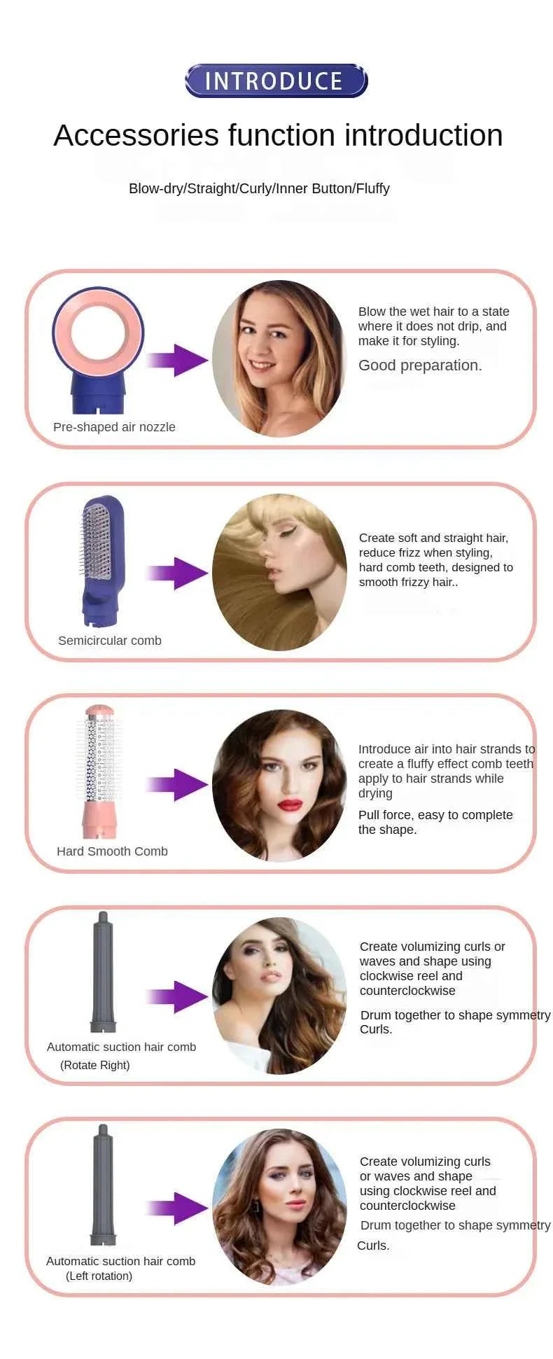 5-in-1 Negative Ion Automatic Curling Iron Multifunction Convenient Hair Dryer Volume Straight Hot Air Comb Curly Girl Method