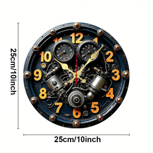 2D Flat Exquisite Engine Wooden Round Silent Hanging Wall Clock, For Living Room, Office, Study Room, Bedroom, Home Decoration.