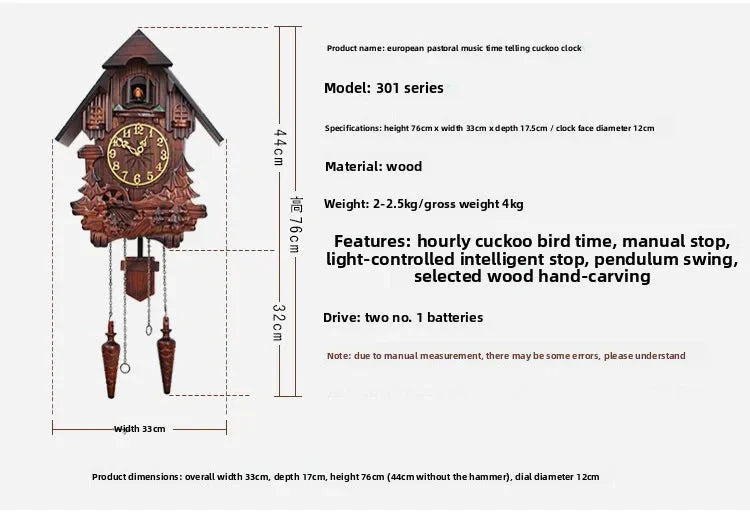 Wooden Handcrafted Cuckoo Clock for Wall with Cuccu Chimes and Swing Pendulum for Home Nordic  Decor Solid Wood Cuccu Watch