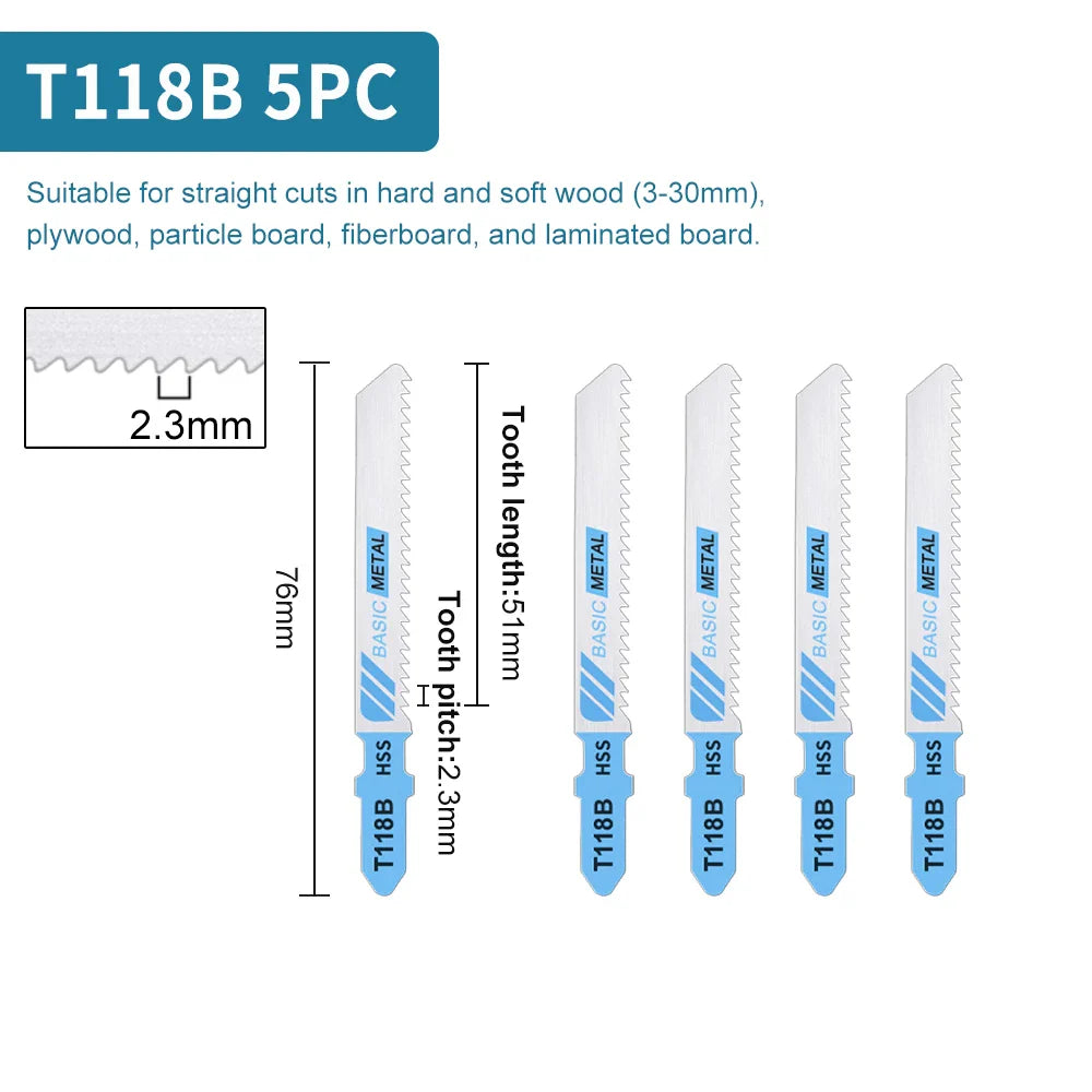 Premium T-Shank Jigsaw Blade Set - Multi-Material Cutting Kit for Wood, Plastic, and Metal - Compatible with Bosch/DEWALT/Makita
