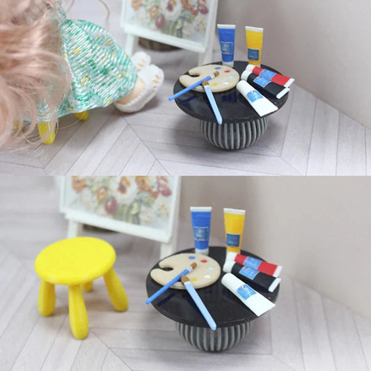 1/12 Dollhouse Draw Room Art Supplies Decoration Dolls House Accessories Mini Pigment Tube Paint Brush Palette Model Dollhouse