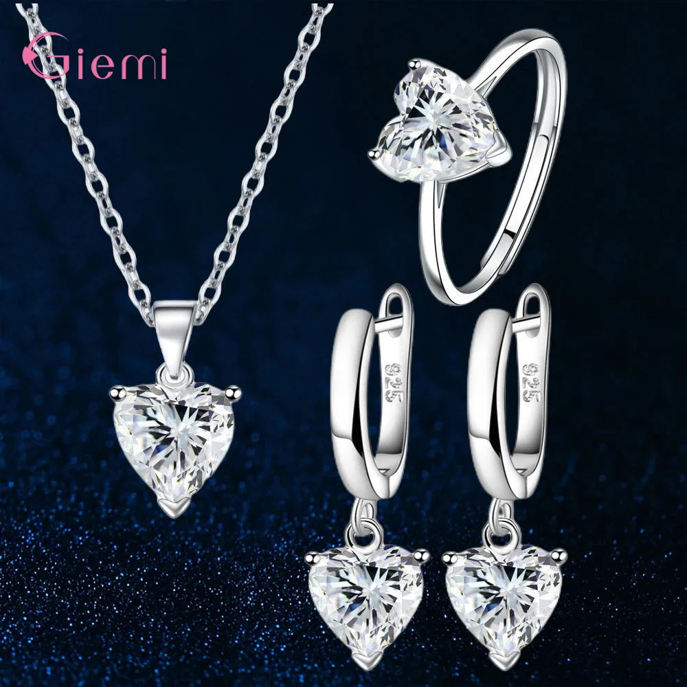 Top Fashion 925 Silver Jewelry Sets Shiny Crystal Gifts Suit For Women Girls Pendant Necklace Earrings Rings Hot Sale