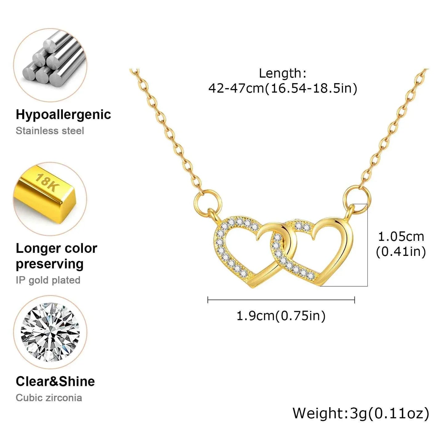 Vnox Double Zircon Heart Necklace For Women,Stainless Steel Cute Simple  Necklace For Mother And Daughter,Trendy Jewelry Gifts