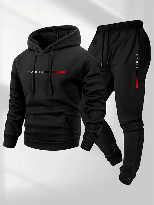 Paris Letter Printed Sweatshirt Set Men's Wool Hooded Sweatshirt Pants Set Spring and Autumn Winter Warm Casual Sportswear Set