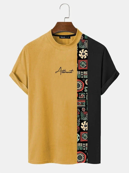 Men's C'EST LA VIE Paris Color Block T-Shirt Beige Gray Brown Casual Short Sleeve Fashion Top