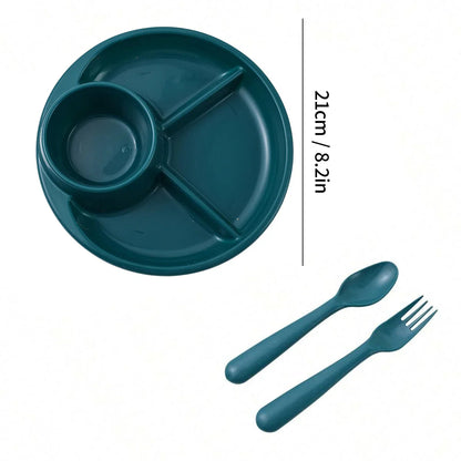 Reusable Round Plastic Divided Dinner Plate With Fork Spoon Salad Plate Dishes Student Kid Food Plate Dishwasher&Microwave Safe