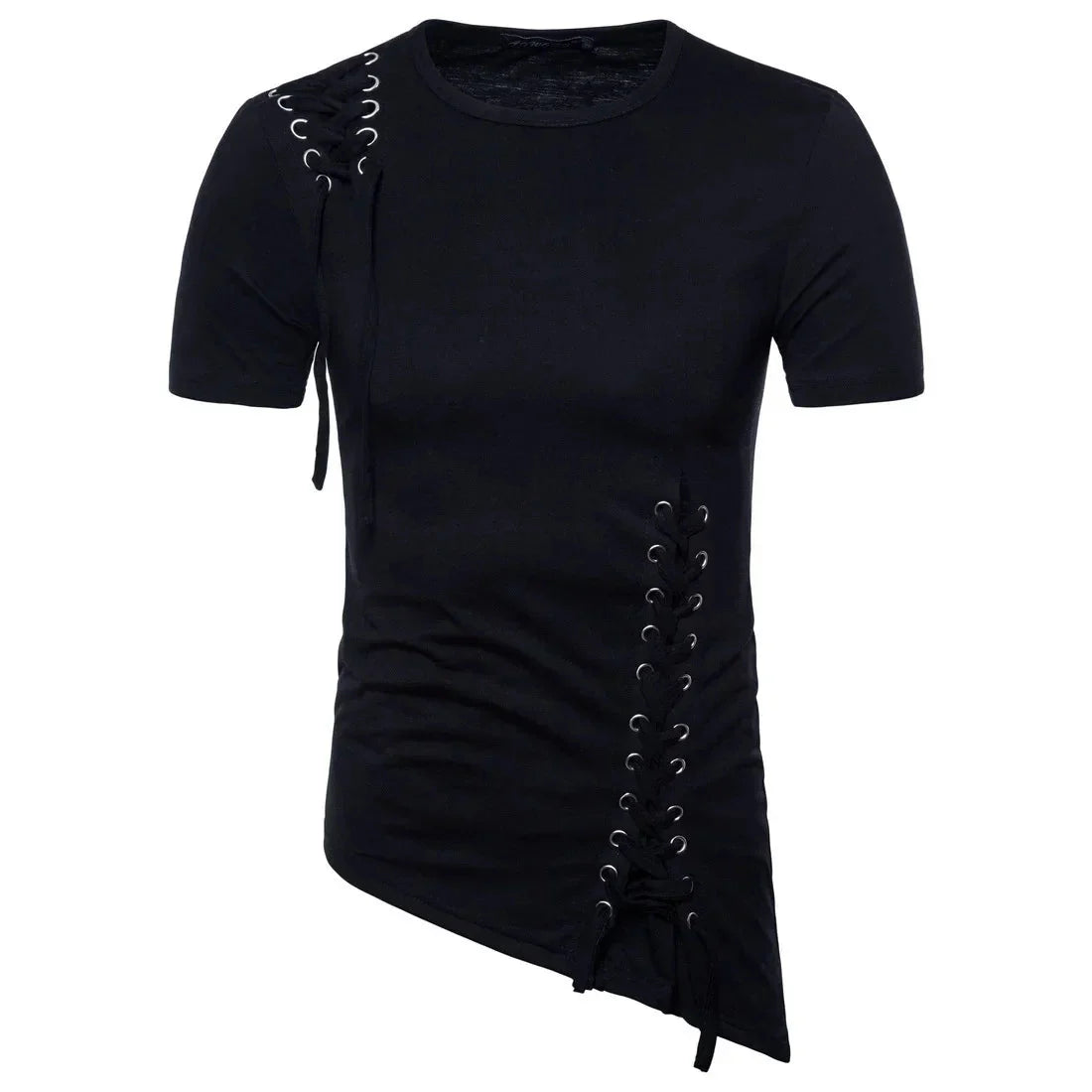 New2026 Men's Summer Short Sleeve T-shirts Trend Irregular Design Lace Up Solid Slim Tees Fashion Gothic Style Casual Shirts Men