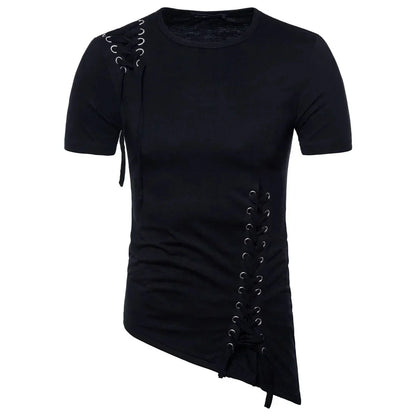 New2026 Men's Summer Short Sleeve T-shirts Trend Irregular Design Lace Up Solid Slim Tees Fashion Gothic Style Casual Shirts Men