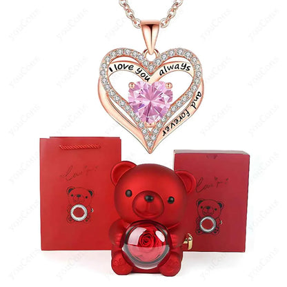 Red Heart Pendant Necklaces With Cute Bear Rose Gift Box For Women Mother Day 2026 Christmas Valentine Wedding Birthday Jewelry