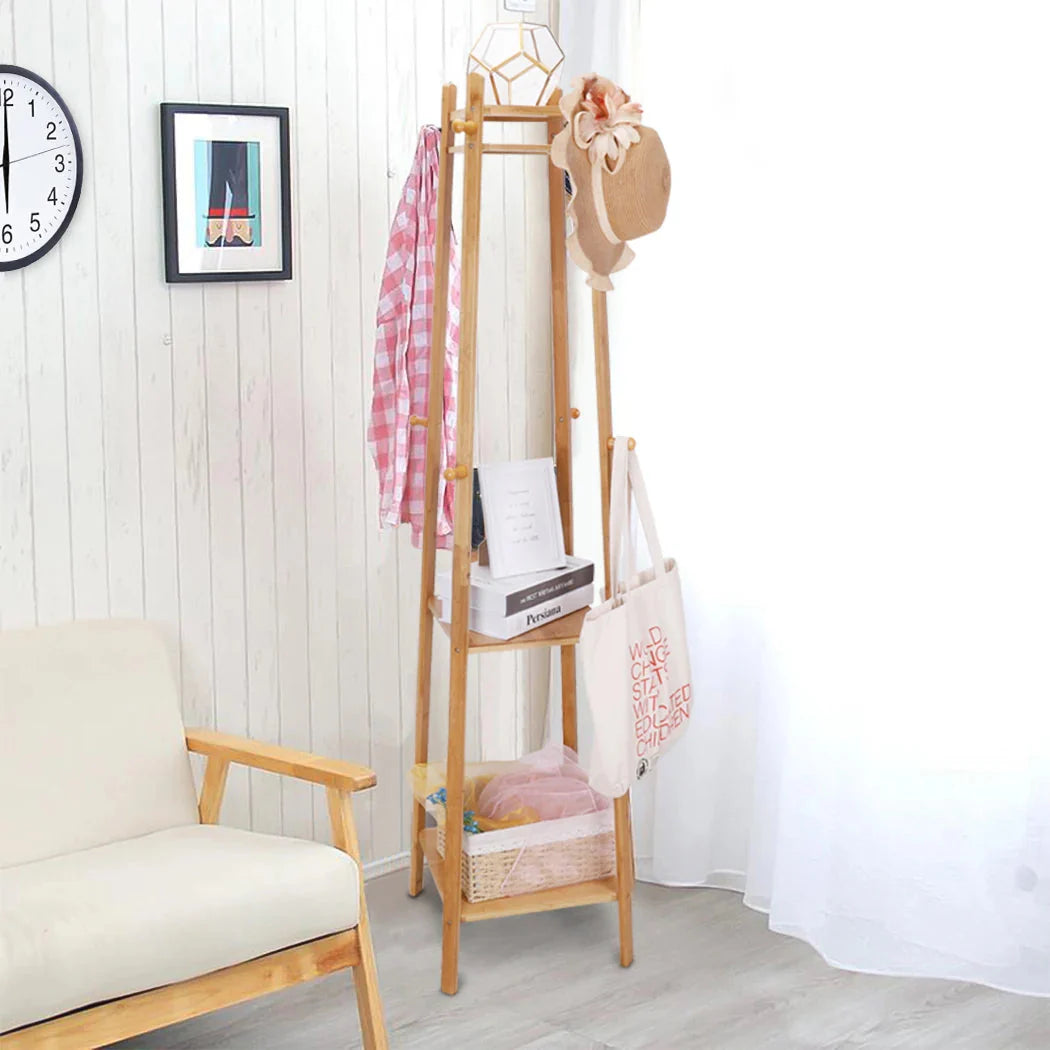 Bamboo Coat Rack Free Standing 2-Shelves Clothing Storage Garment Organizer Stand with 8 Hooks Clothes Poles 55kg Load-bearing f