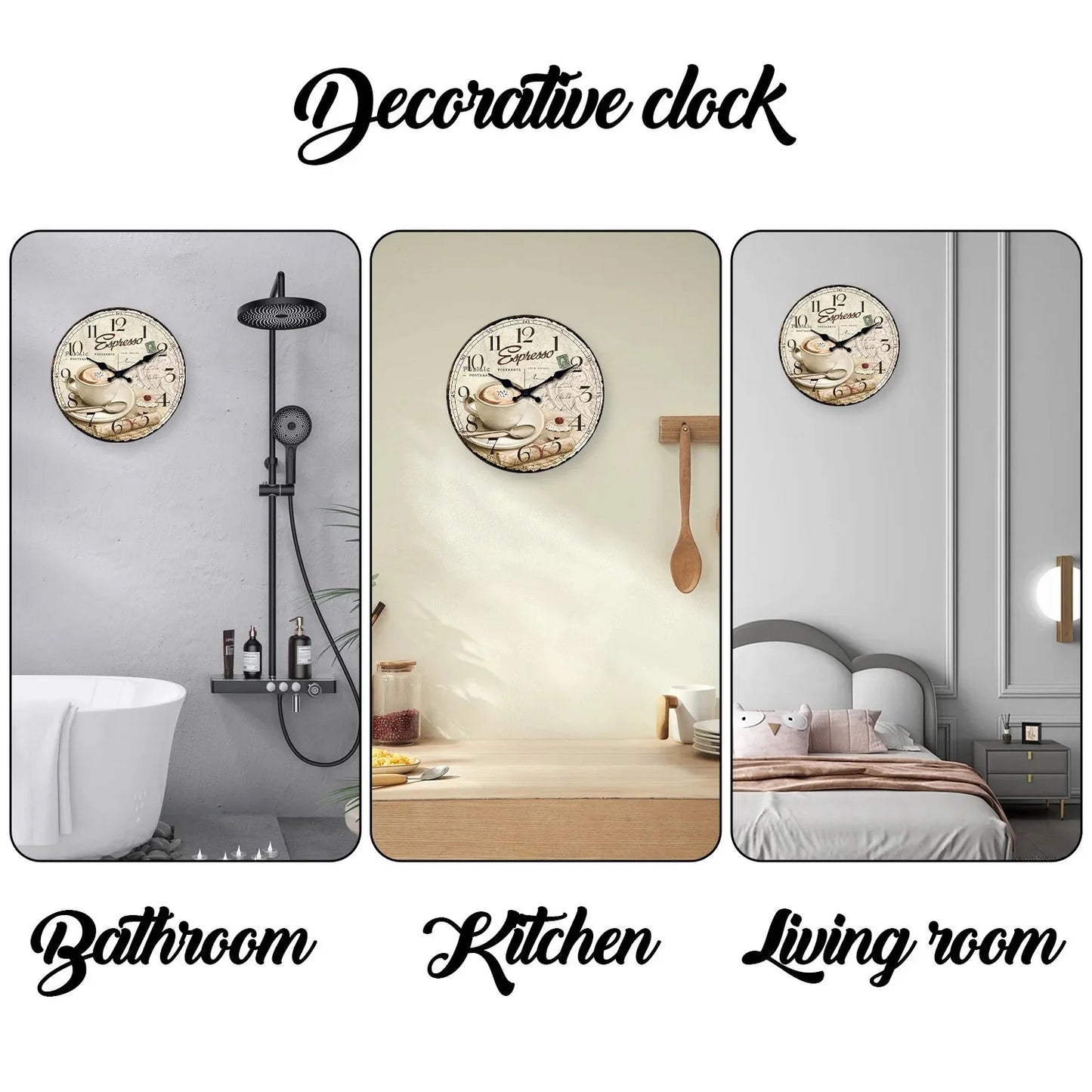 European Retro Coffee Cup Pattern Wooden Wall Clock for Living Room, Bedroom, Kitchen, Home Decoration, Silent Quartz Clock, Holiday Gift, 10 Inches, 12 Inches (No Battery)