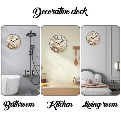 European Retro Coffee Cup Pattern Wooden Wall Clock for Living Room, Bedroom, Kitchen, Home Decoration, Silent Quartz Clock, Holiday Gift, 10 Inches, 12 Inches (No Battery)