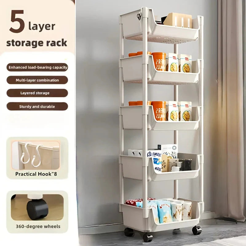Multi-Tier Rolling Storage Cart, Slim Rolling Cart with Storage Bins and Hooks - Space-Saving Organizer, 360° Rotating Storage C