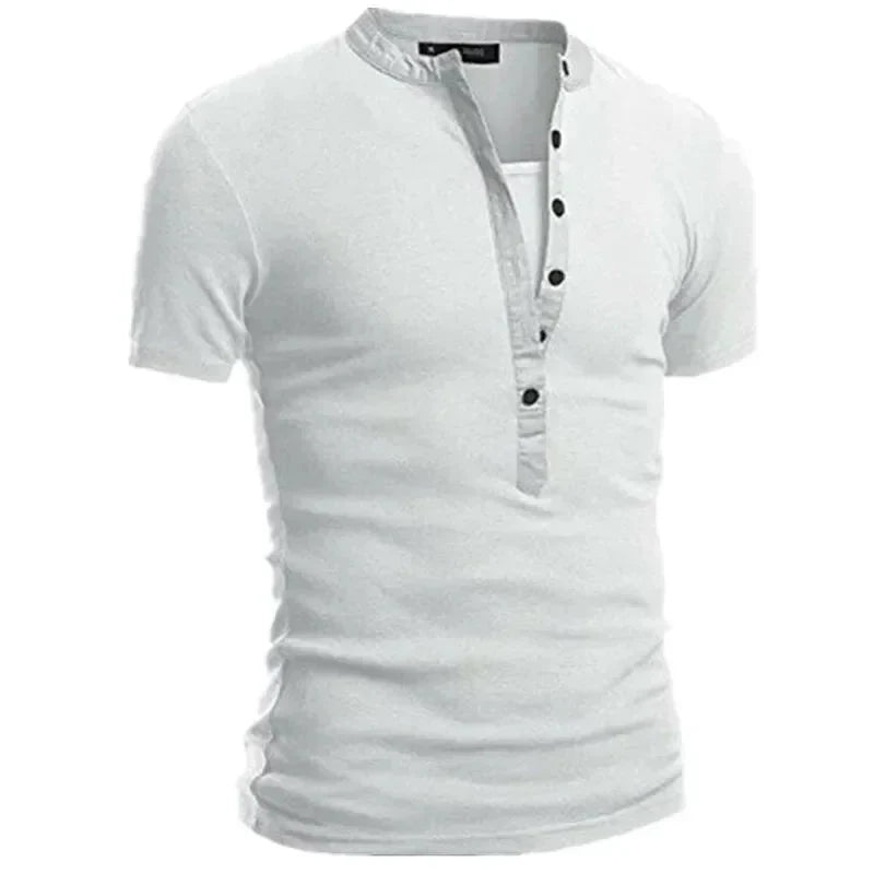 2026 Men's Summer Casual Shirts Solid V-neck Button Slim Fit T-Shirts for Men Fashion Short Sleeve Tees Tops Men Clothing S-3XL