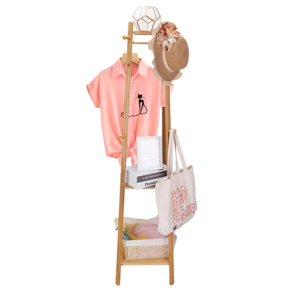 Bamboo Coat Rack Free Standing 2-Shelves Clothing Storage Garment Organizer Stand with 8 Hooks Clothes Poles 55kg Load-bearing f