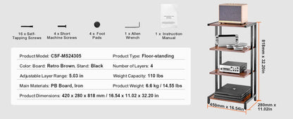 SucceBuy 4-Tier AV Media Stand Audio/Video Stand with Strengthen Tempered Glass Shevles for DVD Adjustable Media Storage Cabinet