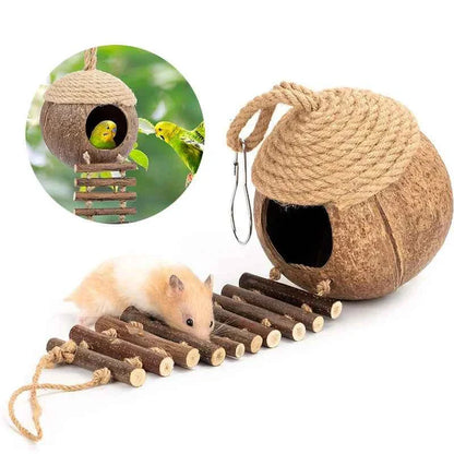Coconut Birdhouse Hut With Ladder Hemp Rope Roof Natural Material Firm Stable Small Animal Cage Habitat Decoration Pet Supplies